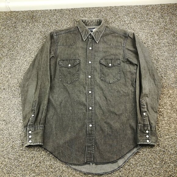 Vintage Wrangler Shirt Denim Western Pearl Snap L/S Long Tails Black Mens 15.5 - Picture 1 of 10